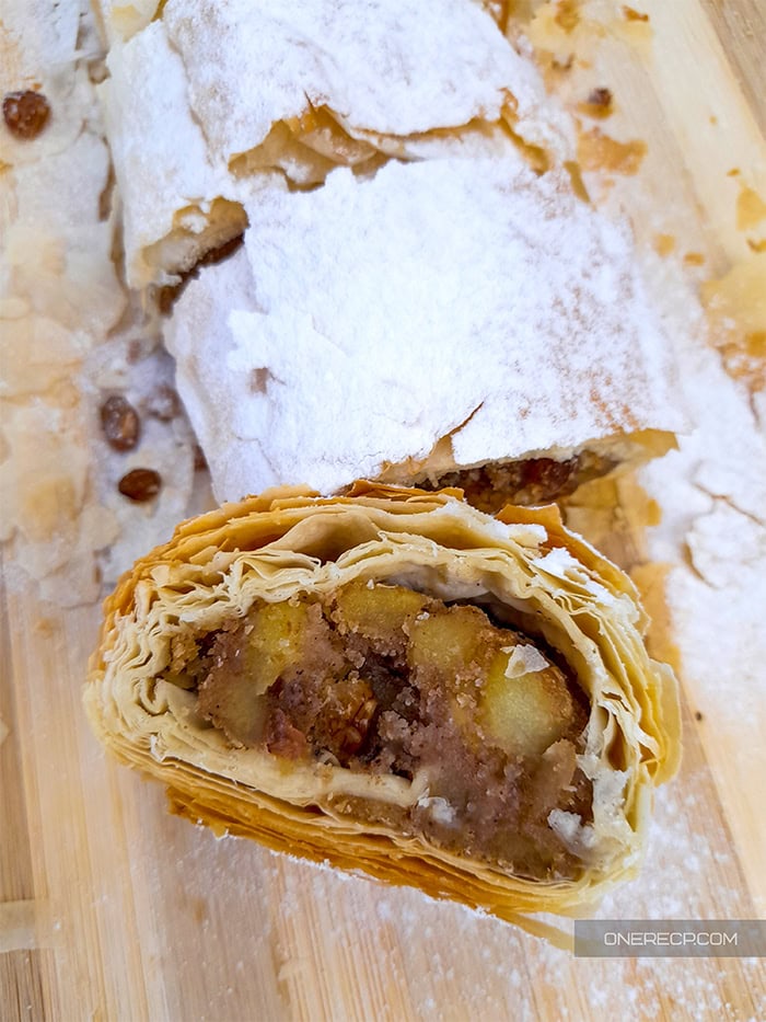 Close-up of a piece of apple strudel with phyllo dough.