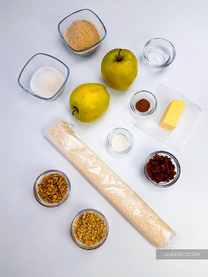 Ingredients for apple strudel with phyllo dough.