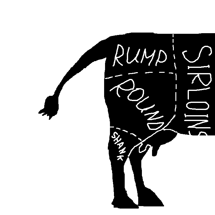 illustration of rump and round beef cuts on a cow silhouette - the rump cut is located on top of the bottom round, which comes from the muscles of the back legs of the cow