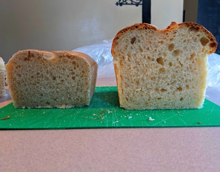 comparison between two breads made by the same sourdough recipe but baked with differnet flours shows the difference in the rise of the dough
