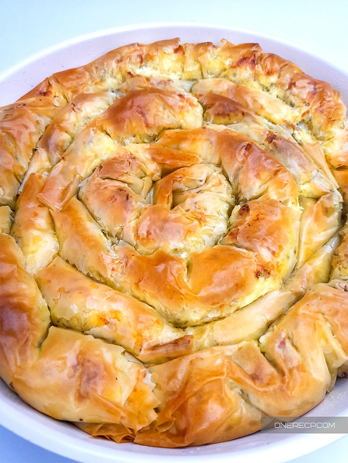Close-up of a fully baked banitsa right out of the oven