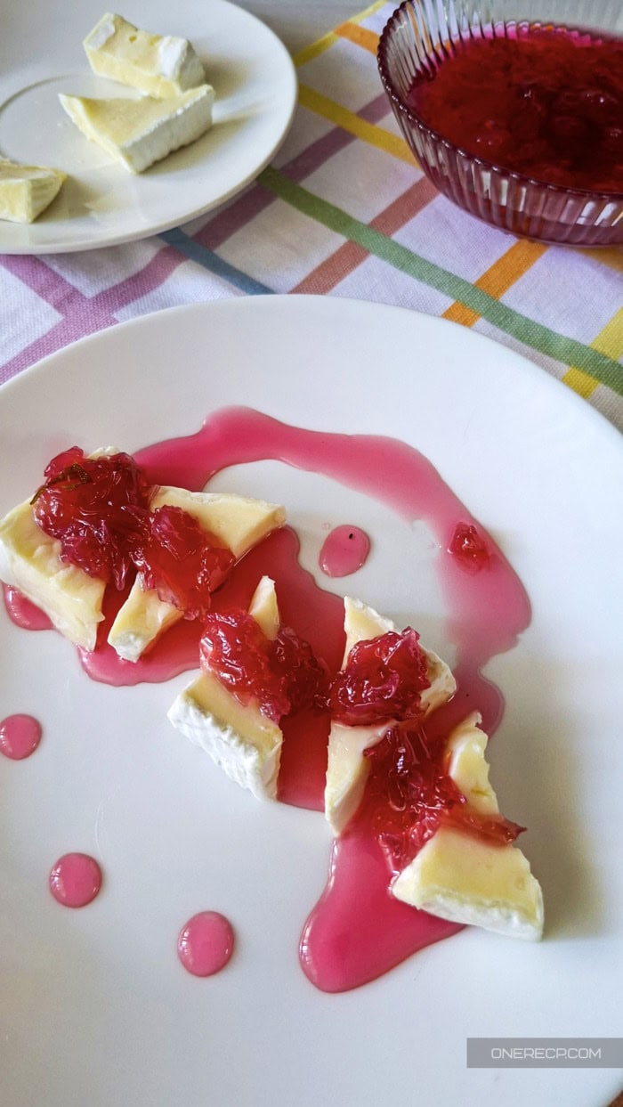 Traditional Bulgarian rose petal jam served over Brie cheese