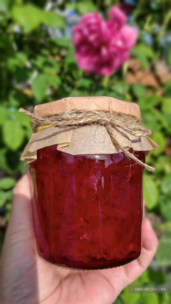 Jar of traditional Bulgarian rose petal jam made with Rosa damascena roses