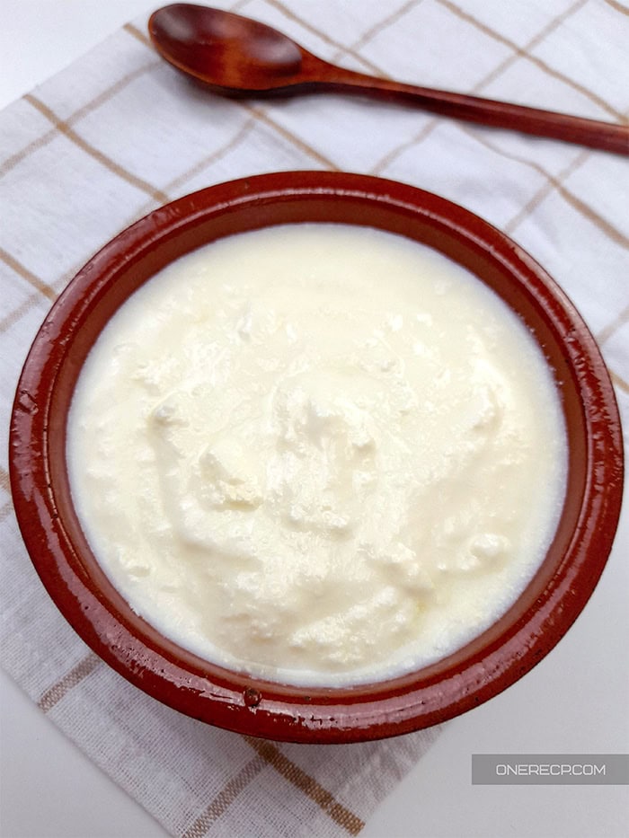 A traditional clay bowl of Bulgarian yogurt.