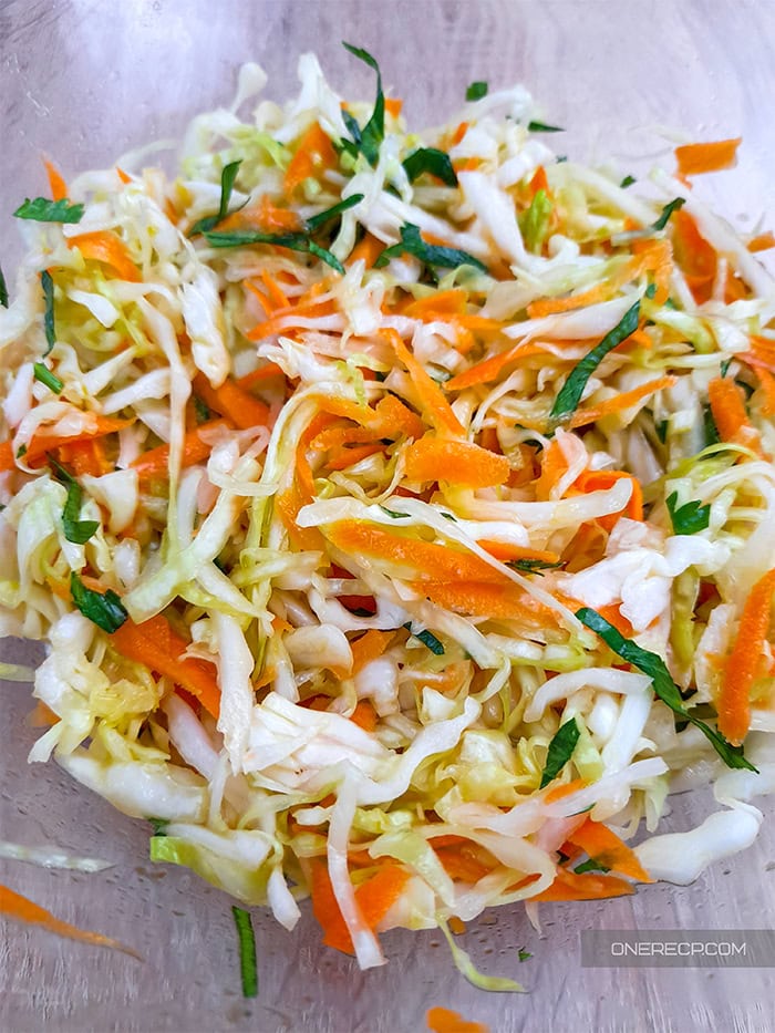 Close-up of cabbage carrot salad.