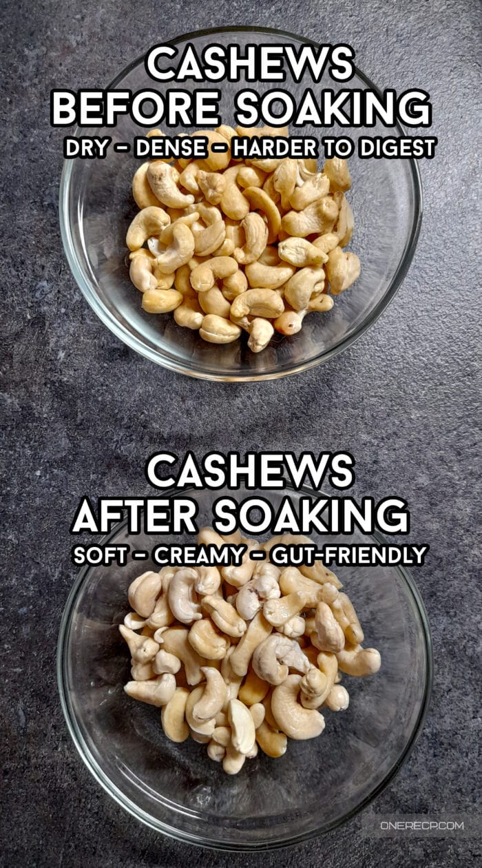 Side-by-side bowls showing cashews before and after soaking, highlighting the texture and color change.