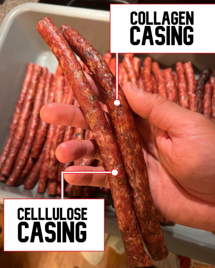 visual comparison between a sausage with collagen casing and one with cellulose casing