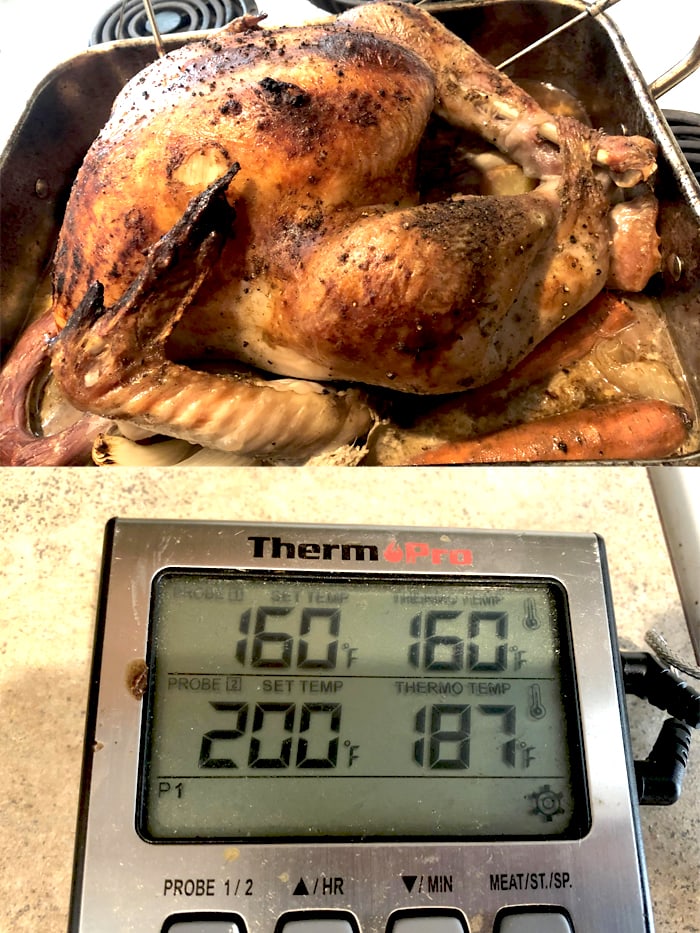 A collage where the top picture shows a turkey in a roasting pan with inserted thermometer probes and the bottom one shows the meat thermometer readings