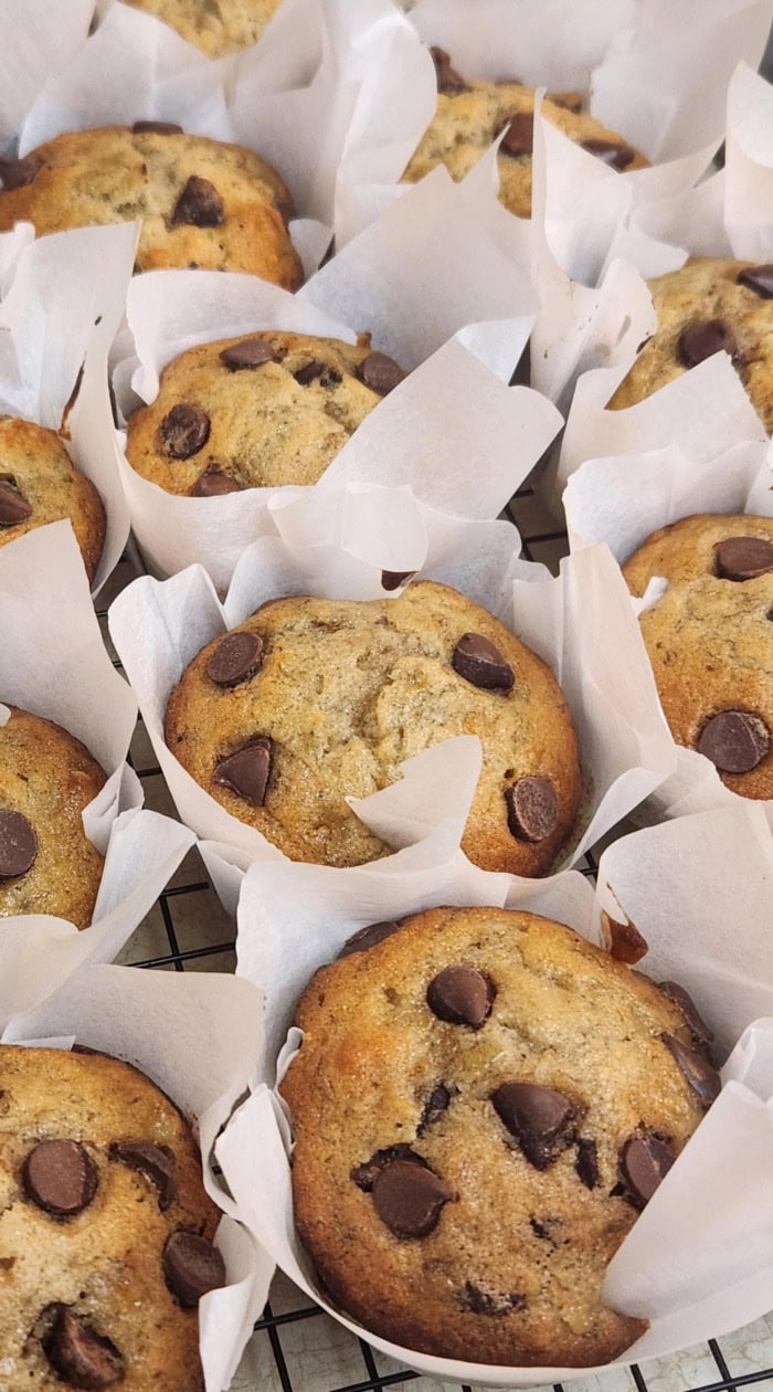 Freshly baked chocolate chip muffins in tulip paper liners, with golden tops and melted chocolate chips on a cooling rack.