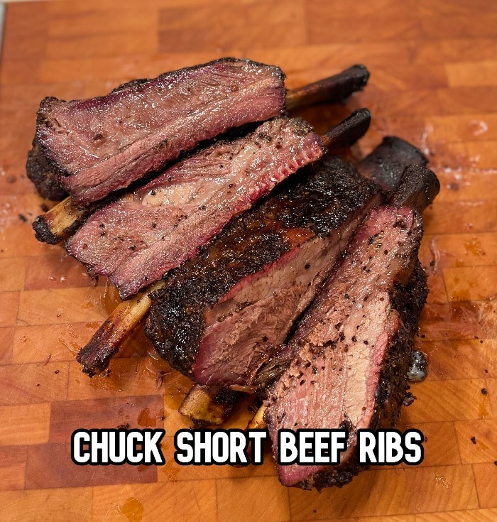 four smoked, separated chuck short beef ribs
