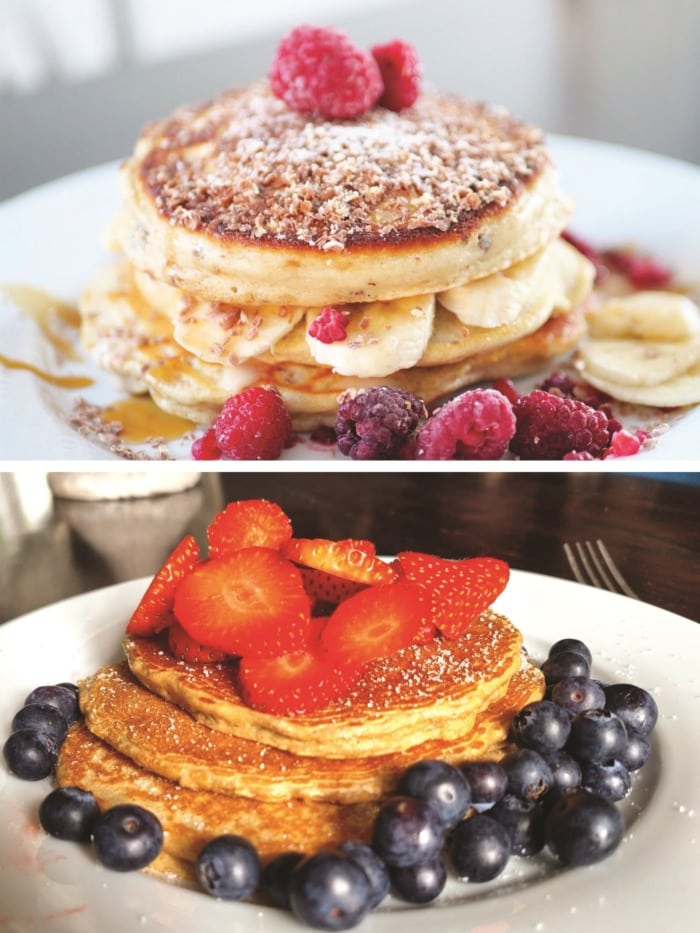 comparison of pancakes where it's clear the ones made with whey protein are fluffier and have more volume than the pancakes made with vegan protein