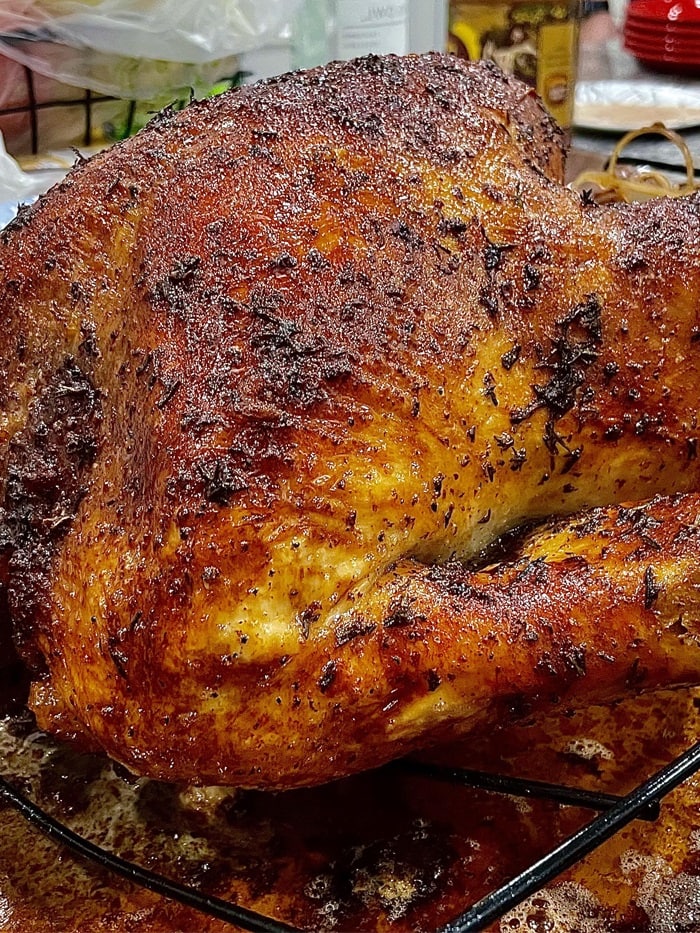 Close-up of a crispy butter herb-basted turkey