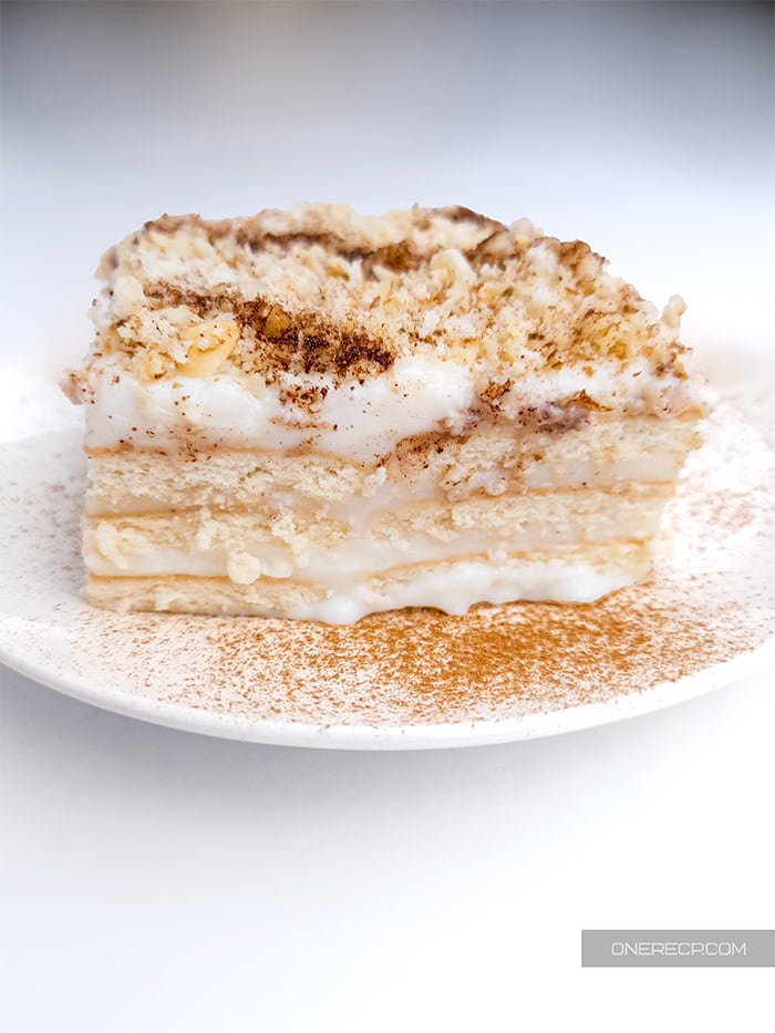 Side shot of a serving of biscuit cake