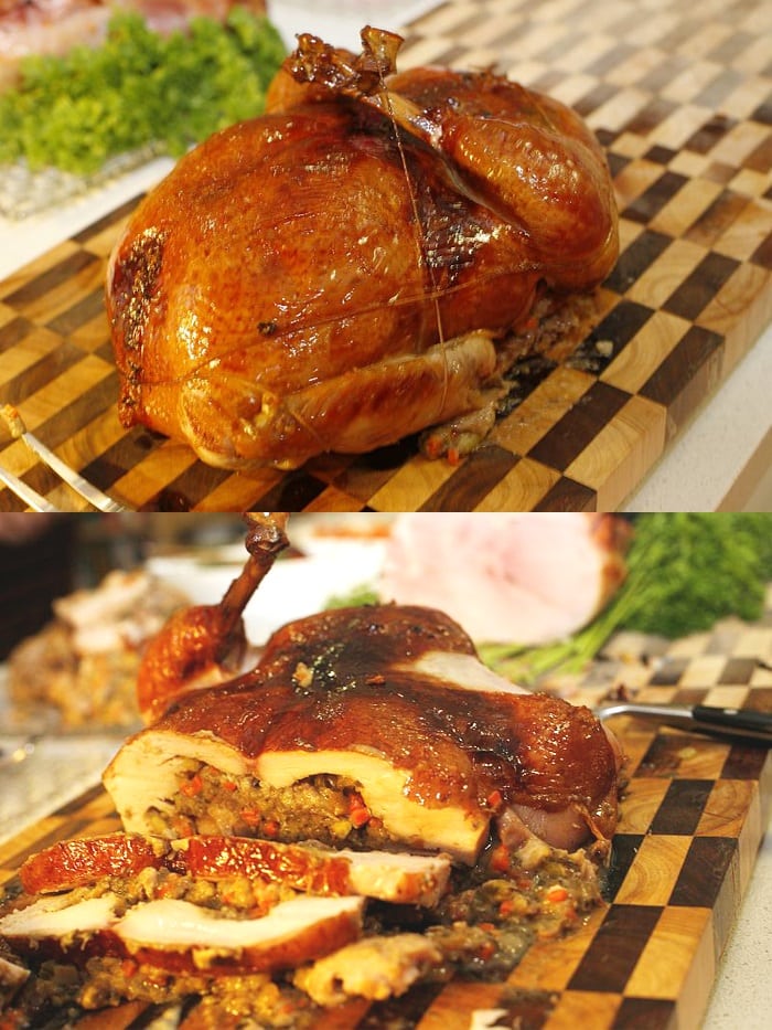 A picture showing stuffed, fully cooked turkey on a kitchen board before and after being cut