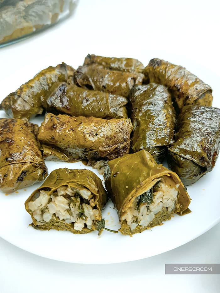 A serving of Greek stuffed grape leaves