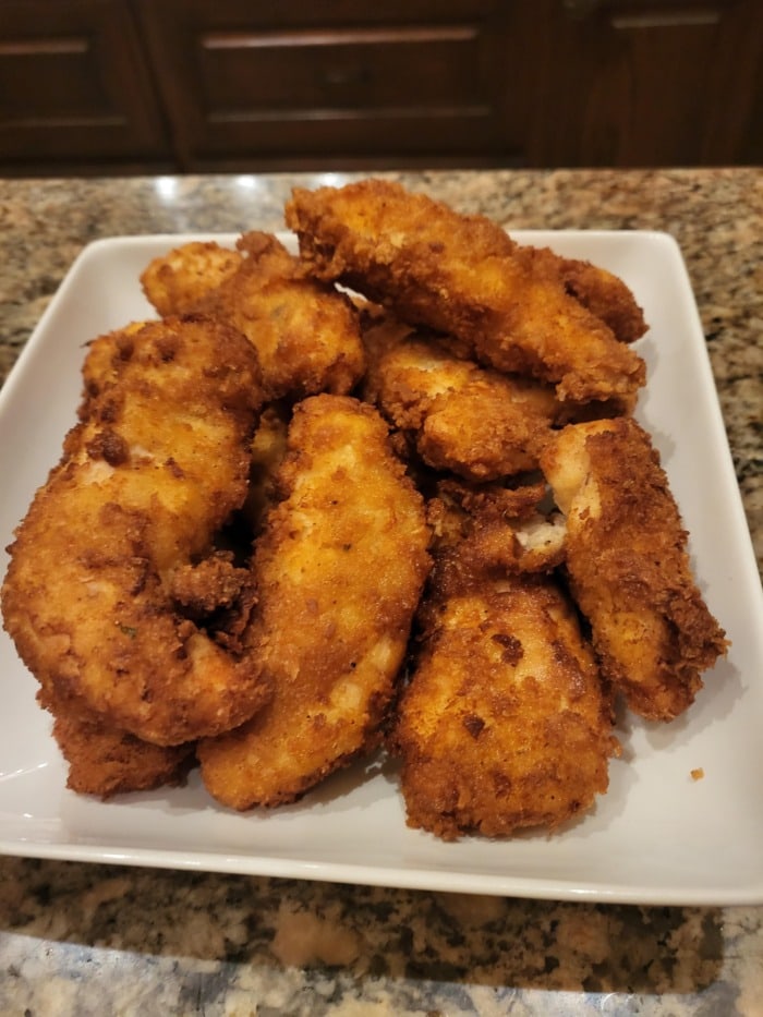 a plate of homemade fried chicken breaded with panko breadcrumbs