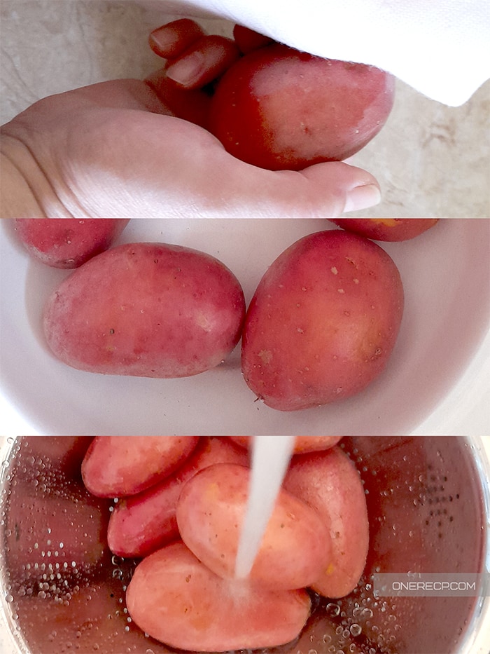 A progression showing 3 steps in which a person rubs a red potato with a wet towel then rinses potatoes in a white cup with hot water and finally soaks the potatoes