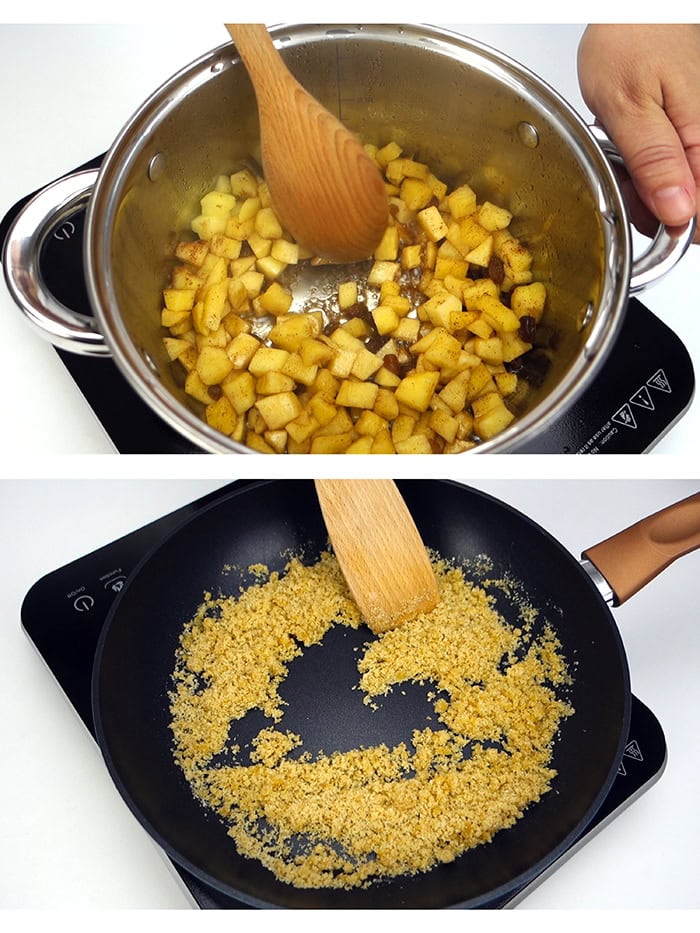 Sauteing apples in a pot and breadcrumbs in a non-stick pan.