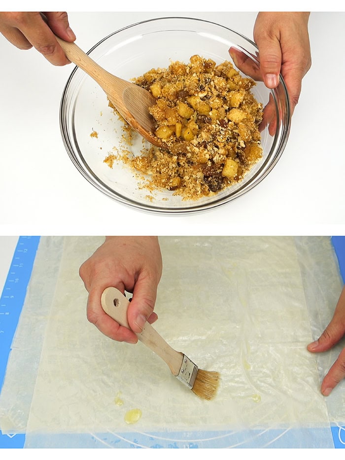 Mixing apples with breadcrumbs and brushing pastry sheets with butter.