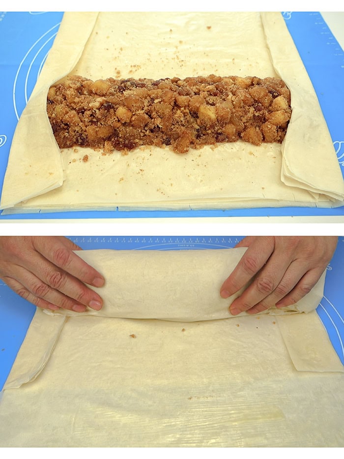 Layering the filling for the apple strudel and rolling the strudel.