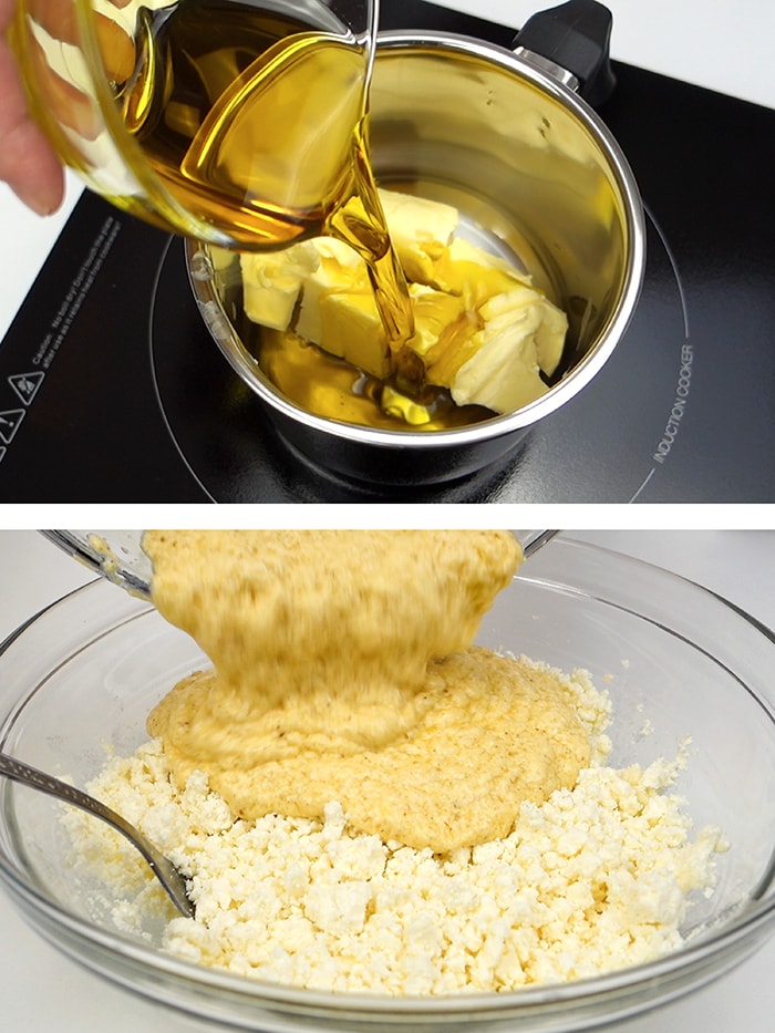 Melting butter in a pot and mixing the egg and cheese filling