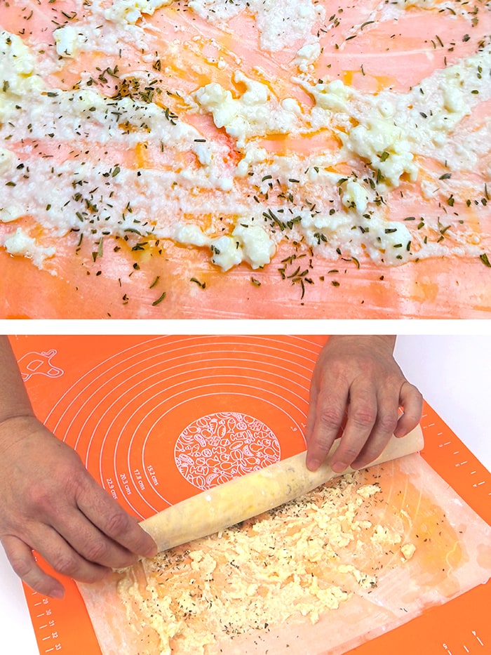 Rolling up phyllo dough covered with egg and cheese banitsa mixture