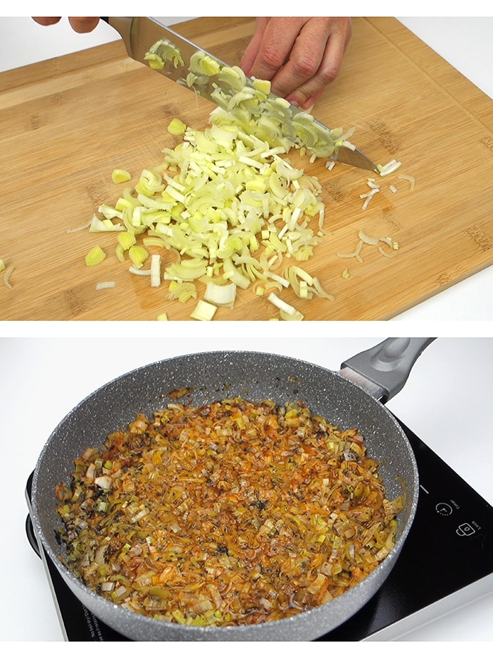 Chopped leek next to a pan of sauteed leek