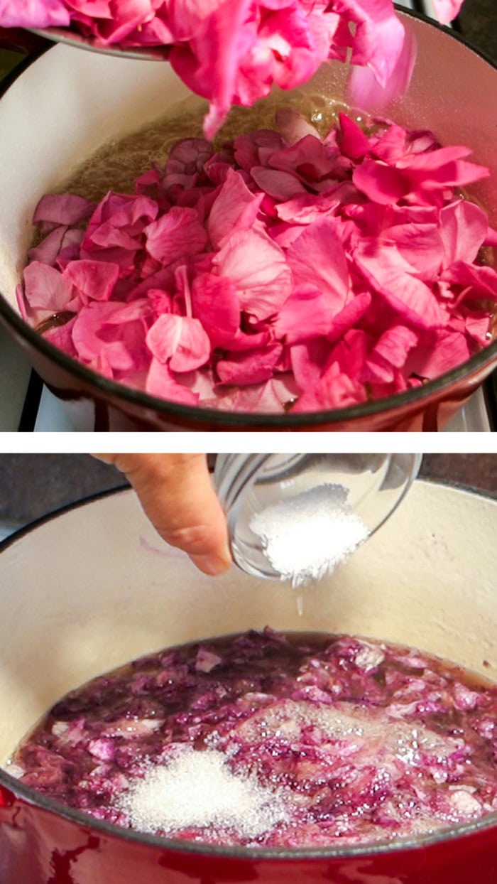 Rose petals and citric acid being added to Bulgarian rose petal jam