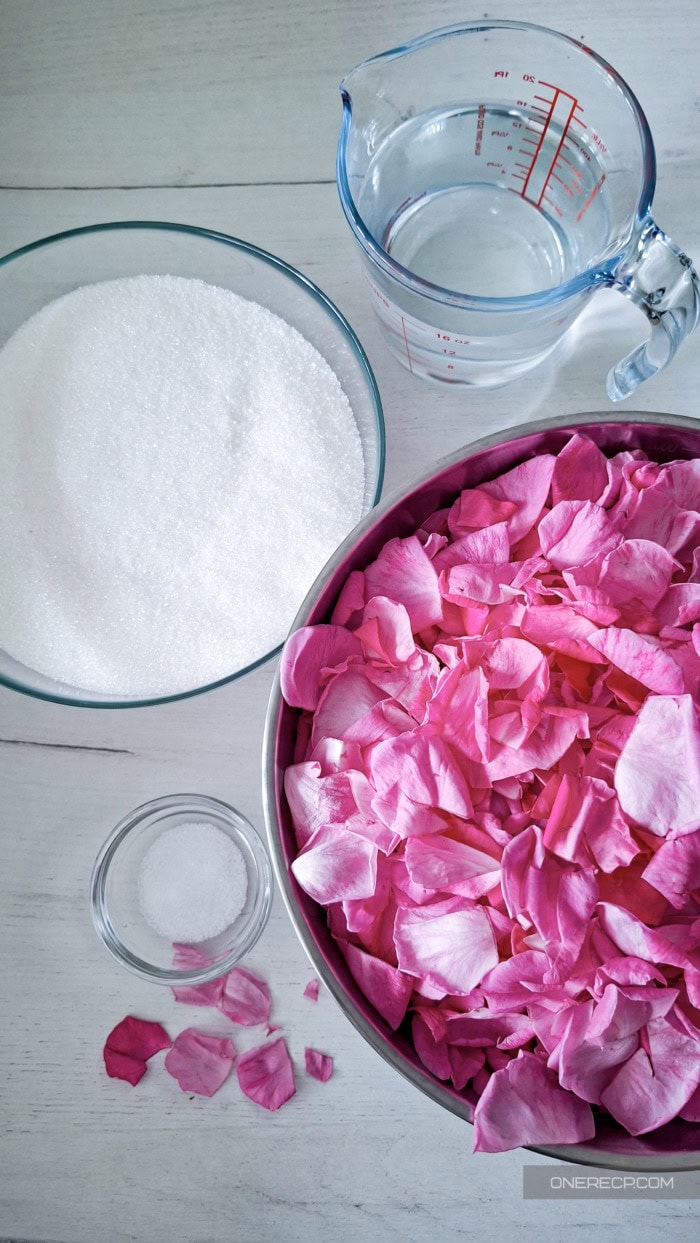 Rose petals, sugar, water, and citric acid for Bulgarian rose petal jam