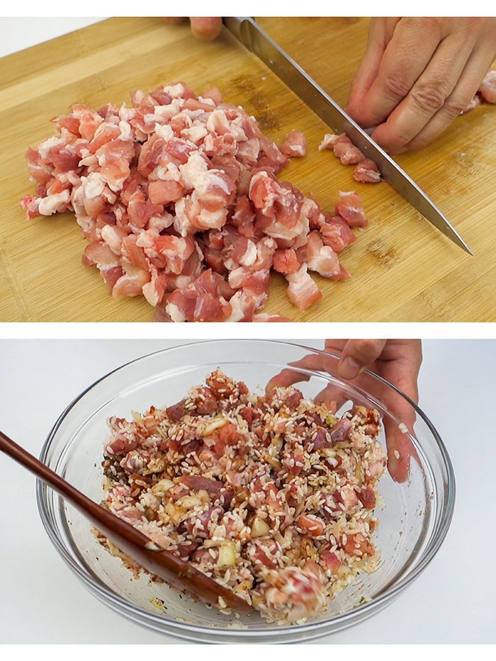 Chopping meat for sarma and mixing it with partially cooked rice