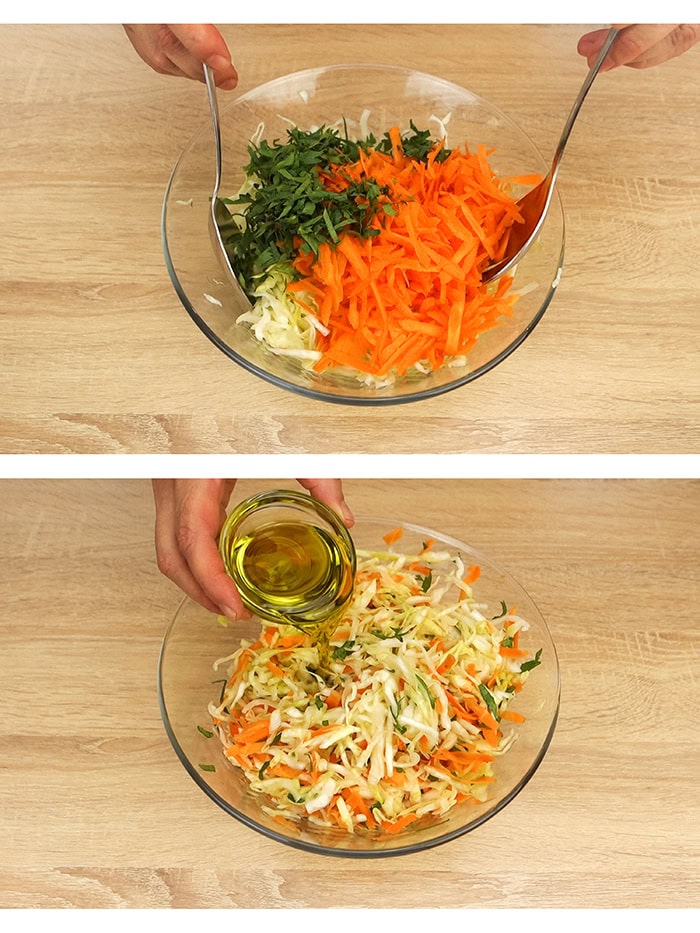 Mixing cabbage, carrots and celery and adding olive oil.
