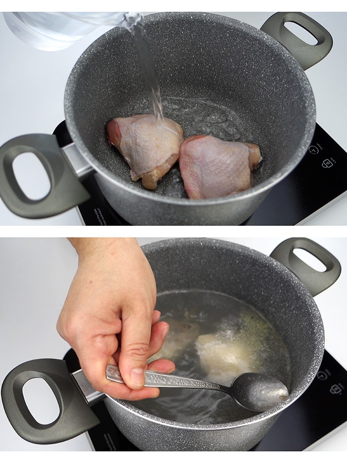 A pot with two chicken thighs next to a pot of chicken thighs being simmered in water