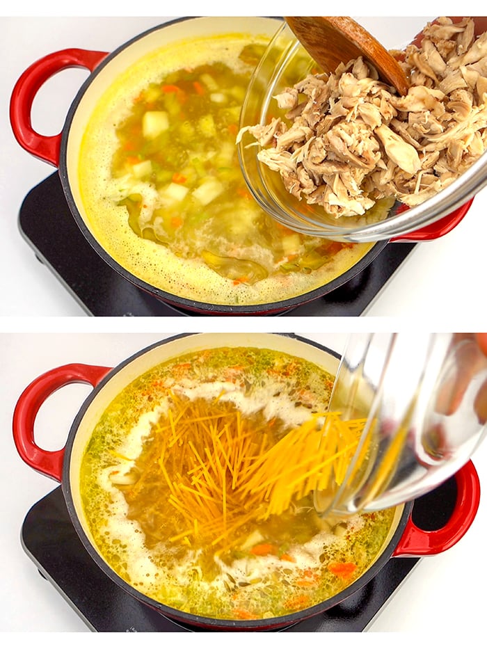 Stirring chicken into pot of soup and then adding spaghetti noodles