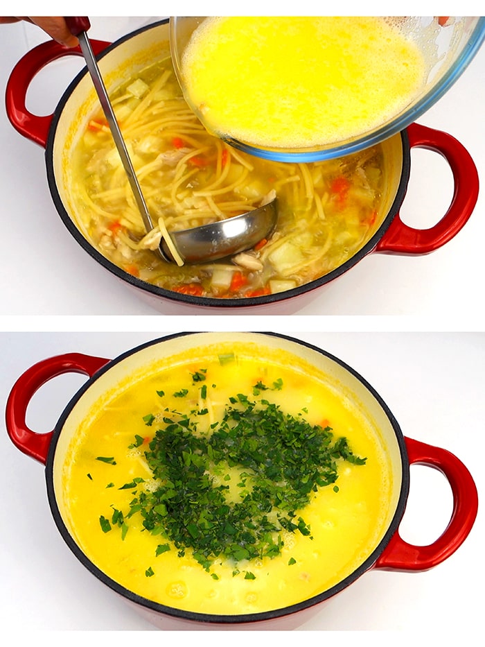 Pouring egg drop into soup and then seasoning it with parsley
