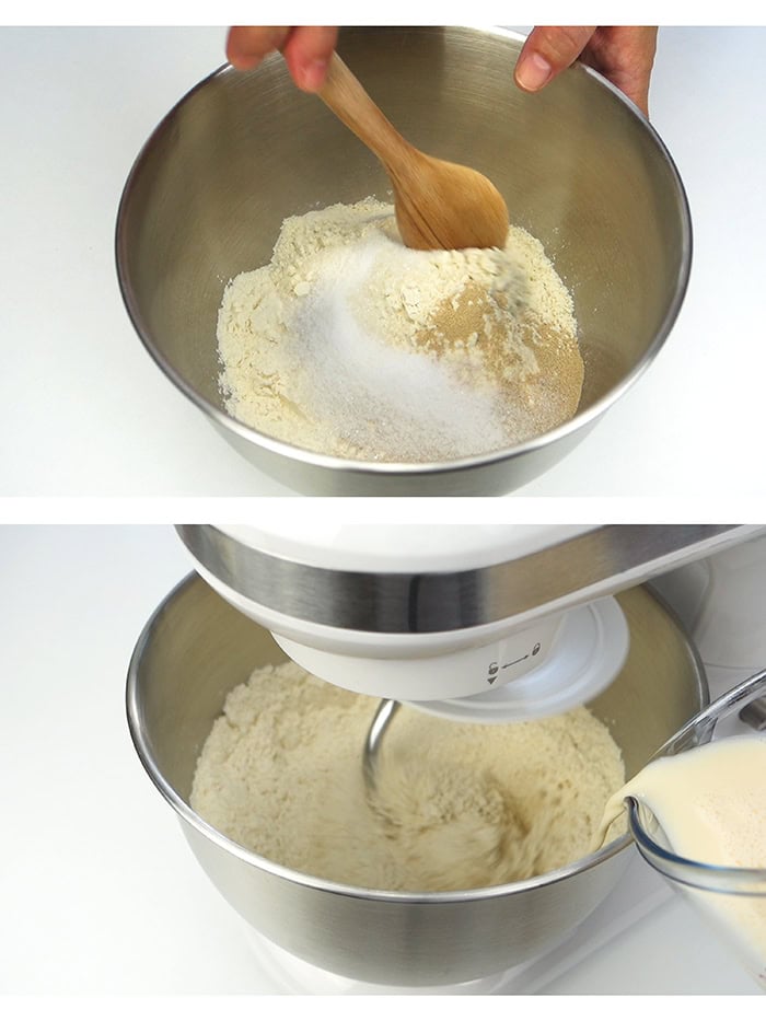 Mixing the dry ingredients with a wooden spoon and beating the batter using a stand mixer.