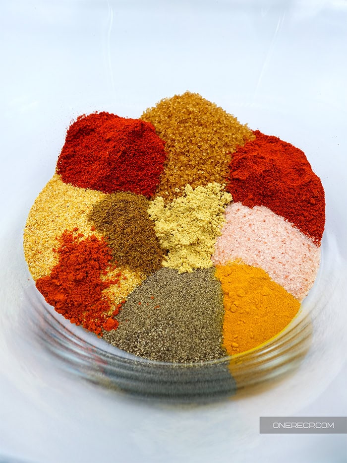 Spices for dry rub in a glass bowl