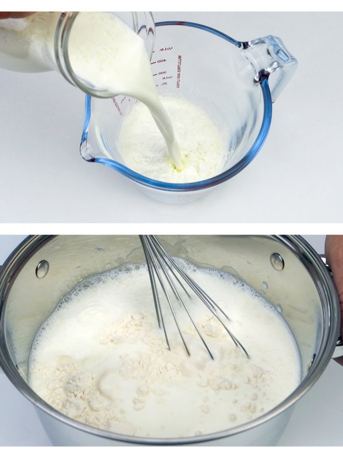 Adding cornstarch to the milk and stirring the rest of the milk, sugar and flour.