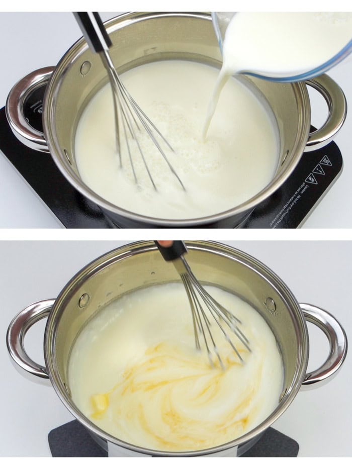 Adding the dissolved cornstarch and stirring in the vanilla extract and butter into the cream.