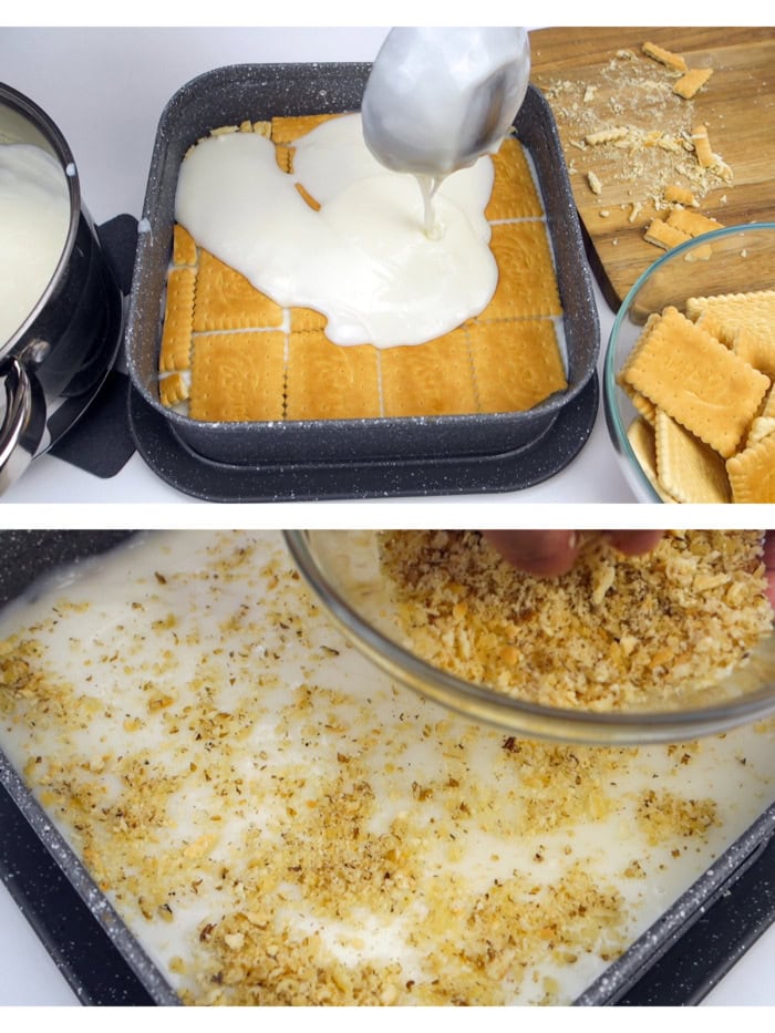 Assembling the cake and garnishing it with crushed walnuts.