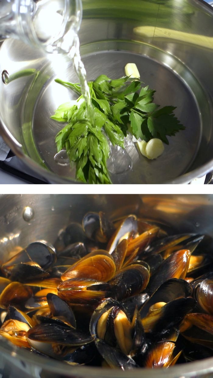Cooking mussels with garlic and parsley in a pot until the shells open