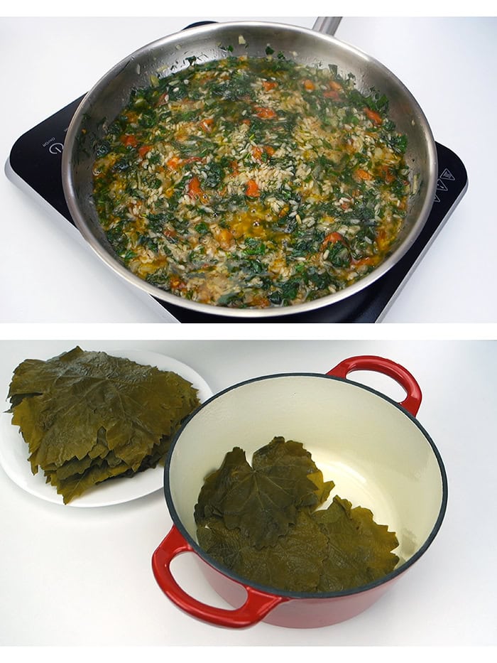 Cooking the rice and preparing the grape leaves