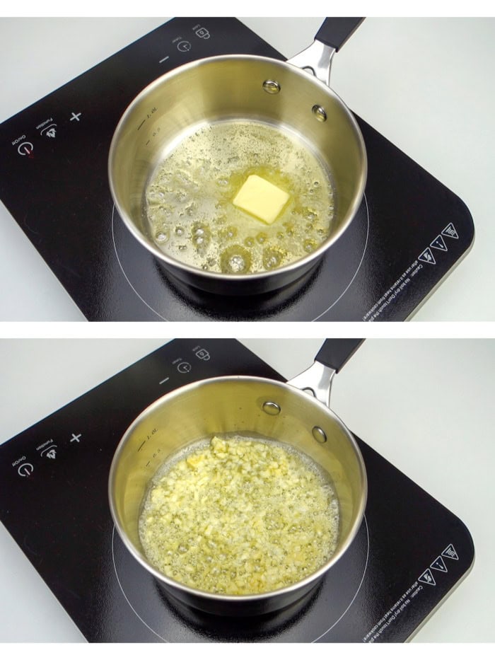 A pot with melted butter next to a pot with sauteed garlic and melted butter