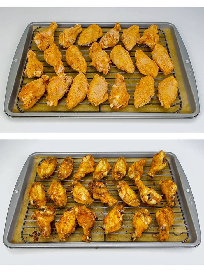 Honey wings in a baking pan before and after they're baked