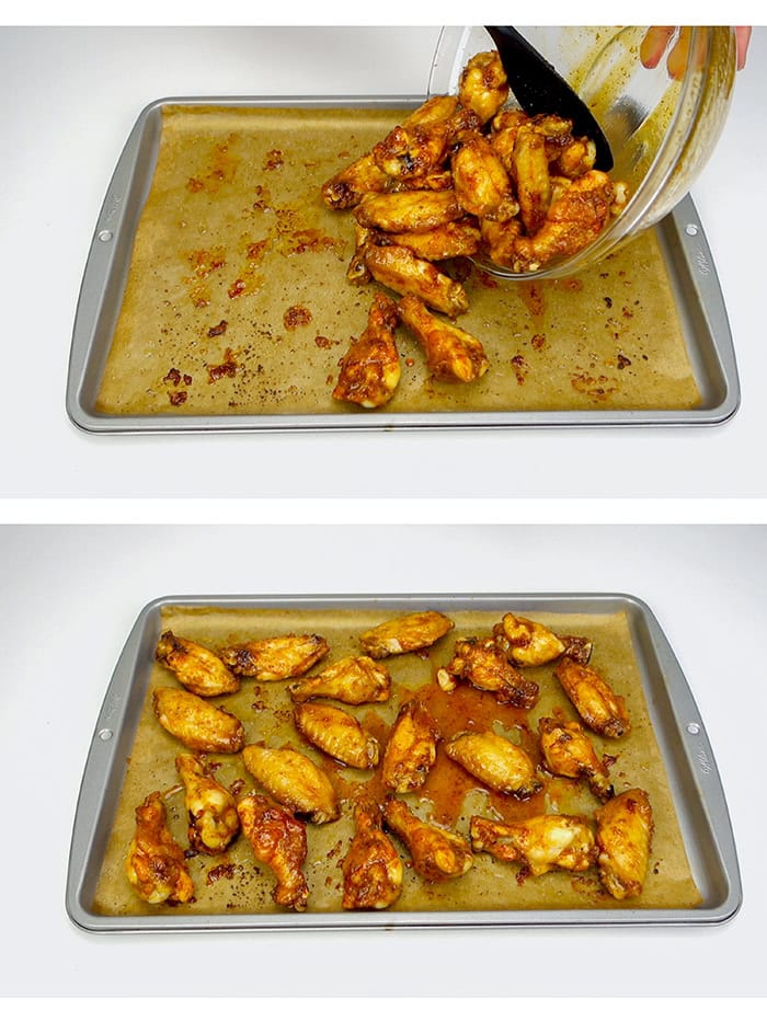 Transfering the chicken wings to the baking pan