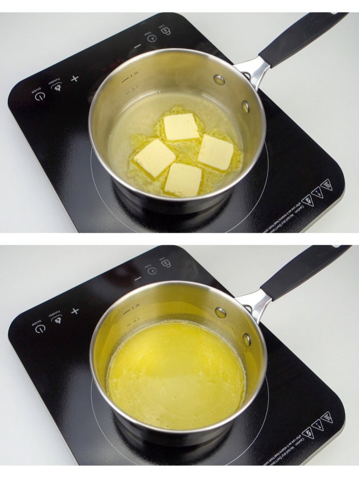 A pot of partially melted butter next to a pot with fully melted butter