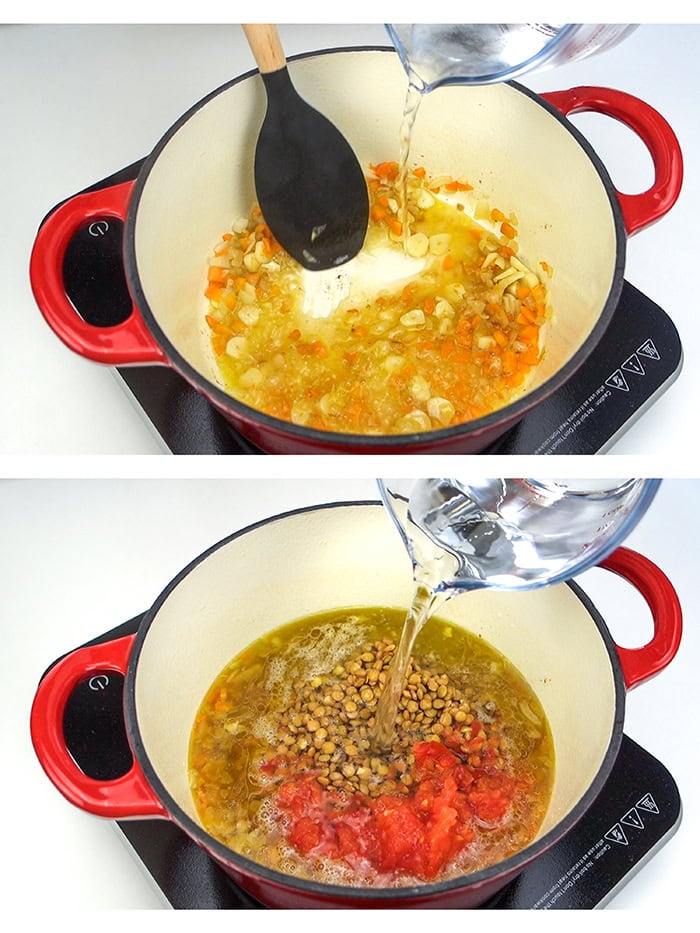 Adding water, lentils and tomatoes to the pot.