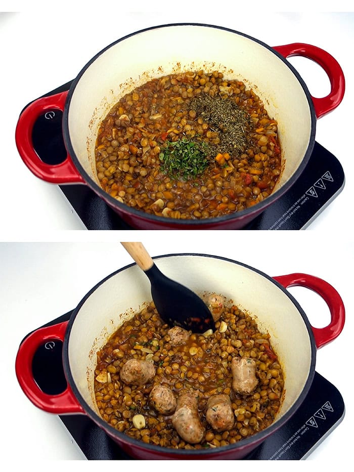 Seasoning lentils with fresh thyme and dried savory and adding sausage.