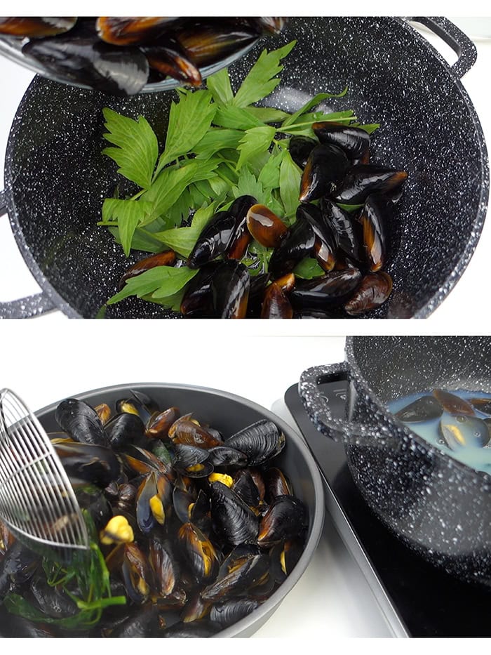 Boiling mussels with lovage and straining them with a colander.