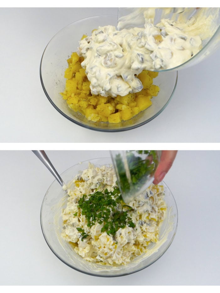 Pouring the mayonnaise over the seasoned potatoes + adding the parsley