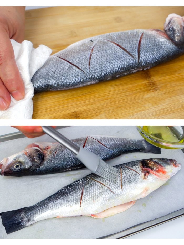 Cleaning branzino and brushing it with olive oil
